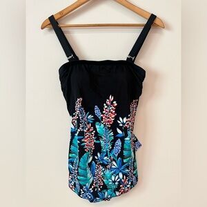 Maxine of Hollywood Size 6 Tropical Bandeau Sarong Swimsuit One Piece Black
